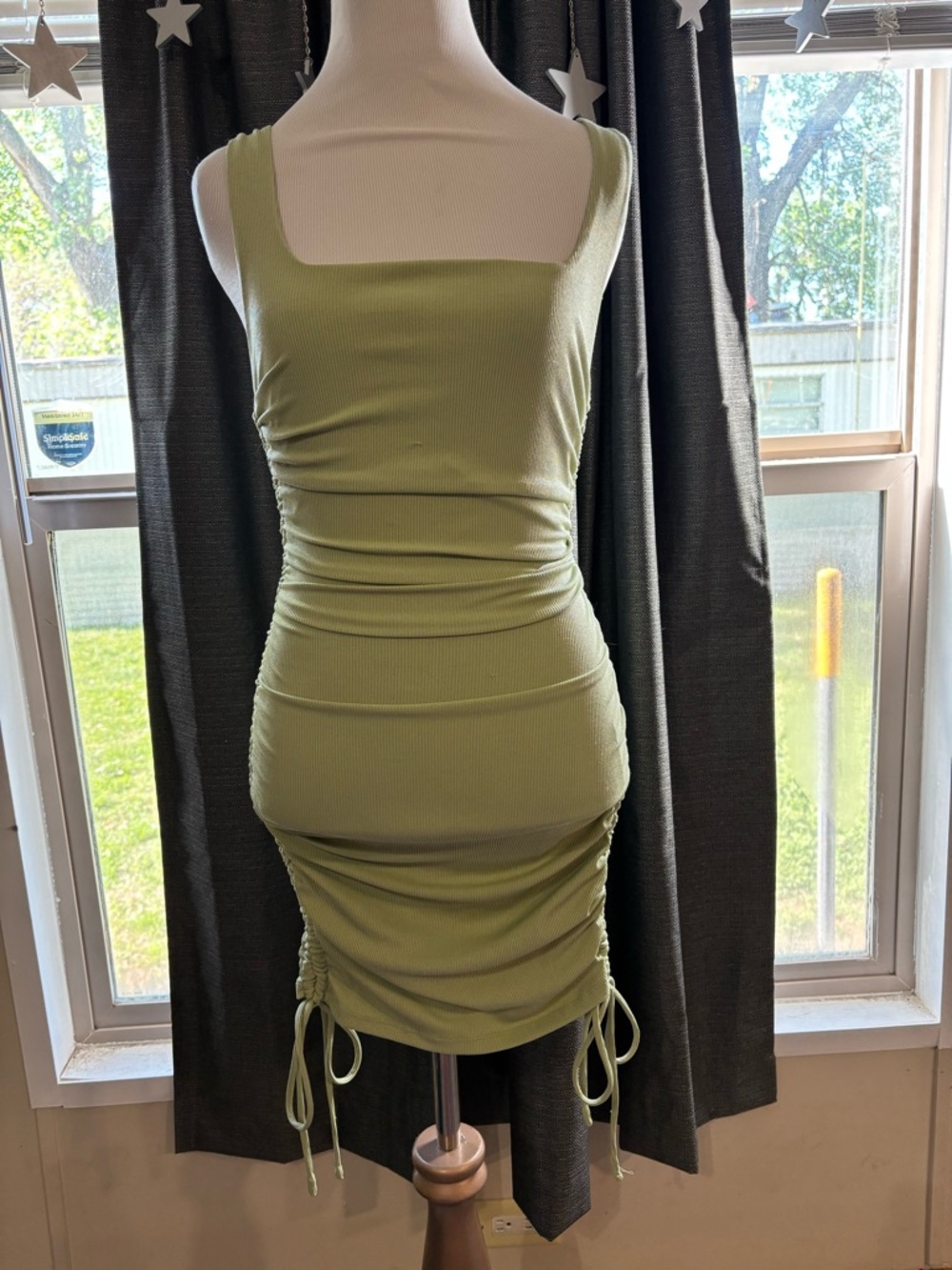 Sleeveless Square-Neck Ruched Bodycon Dress in Olive Green